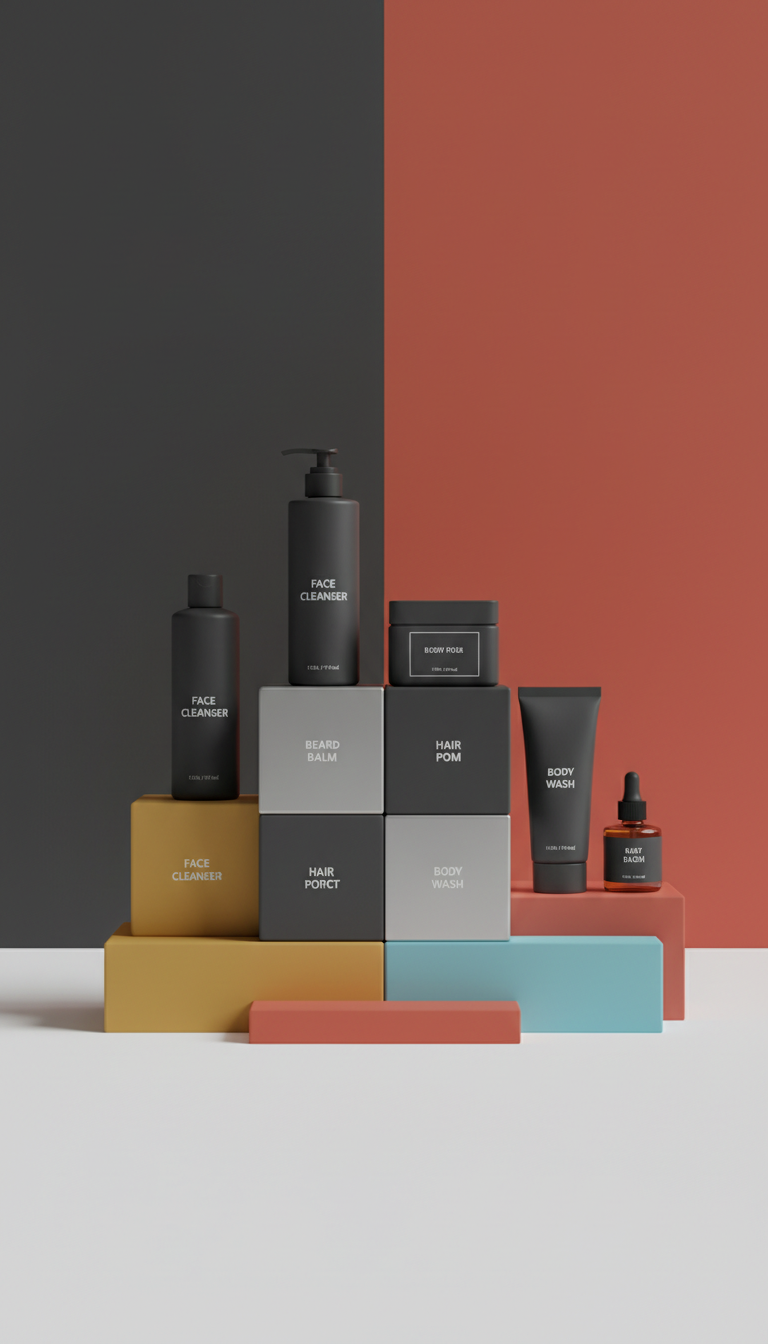 Men's modular beauty box, Three-quarter angle as default, products arranged in staggered modular groupings atop colored...