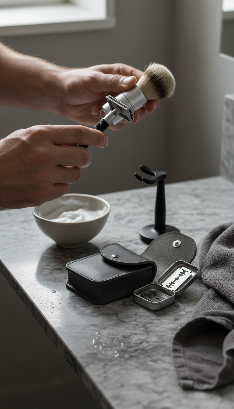 Compact Travel Shaving Kit in use