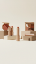 Apricot nude cream blush stick, Three-quarter product angles on compact blocks matching the brand’s neutral palette;...