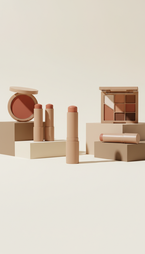 Apricot nude cream blush stick, Three-quarter product angles on compact blocks matching the brand’s neutral palette;...