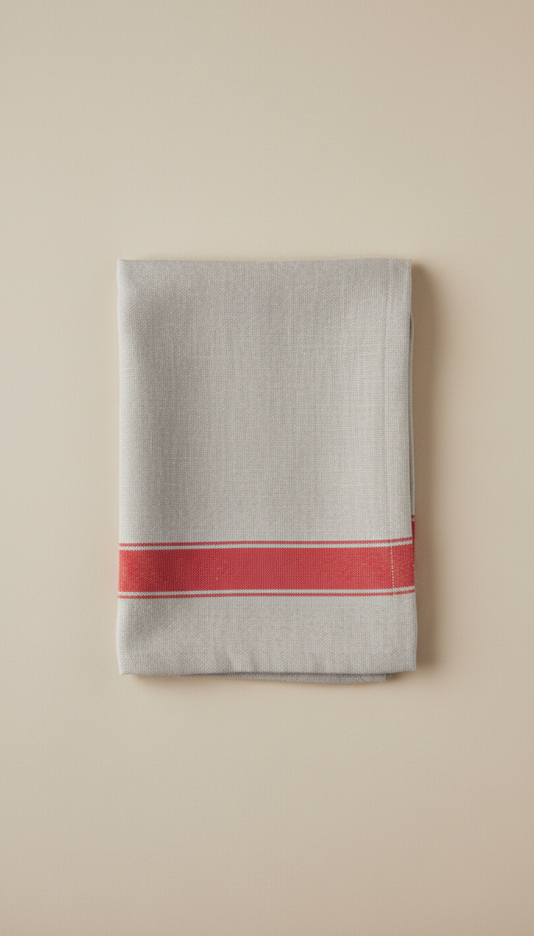 Metro red accent linen napkin, Three-quarter angle product shots on uncluttered matte neutral surfaces (Soft Stone or...