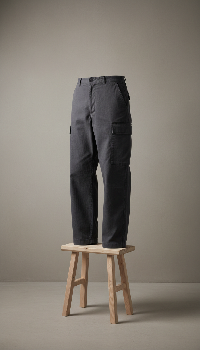 Minimalist cargo pants, Single-garment focus in 3/4 angle against a soft matte cement or pale plaster backdrop (Cement...