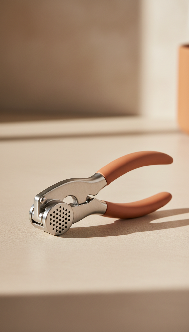 An innovative garlic press displayed centrally on a neutral surface. The soft, ensuring it doesn't appear to float. The...