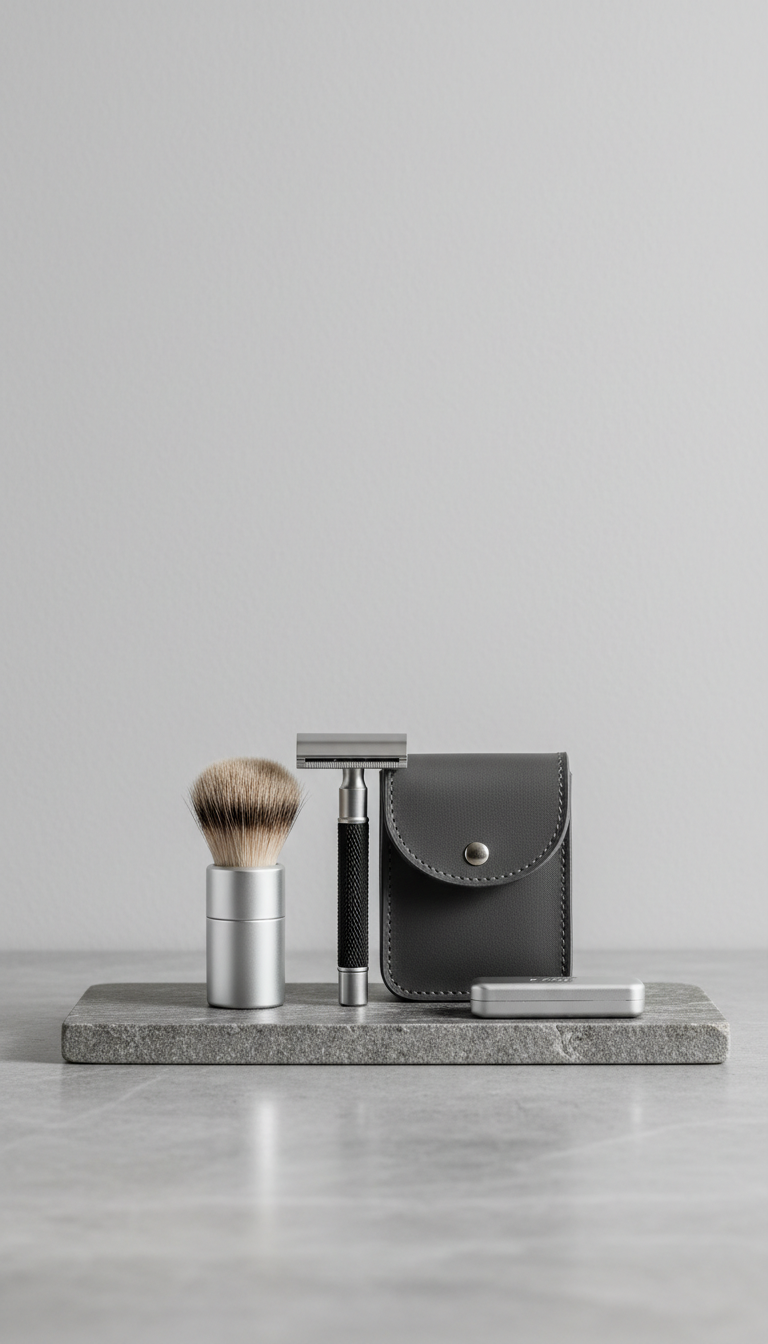 A compact travel shaving kit, featuring high-quality materials and a minimalist design, is centered on a smooth, natural...