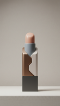 Sculptural lipstick tube, Three-quarter hero angle for product focus—elevated on a sculptural plinth against a soft matte...