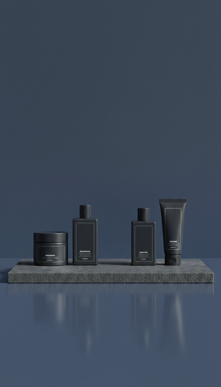 Charcoal barber grooming essentials pack with matte finish in a new setting