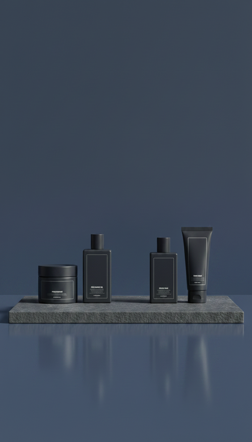 Charcoal barber grooming essentials pack with matte finish in a new setting