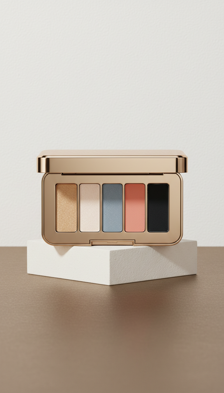 Luxury pressed eyeshadow palette, Three-quarter hero angle for product focus—elevated on a sculptural plinth against a...