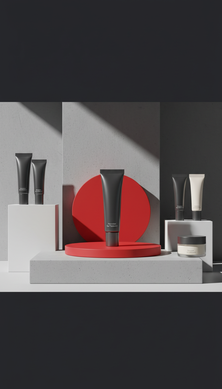 Calvin Precision Eye Treatment, 3/4 angle product shots on elevated geometric plinths in Pure White or Concrete Gray....