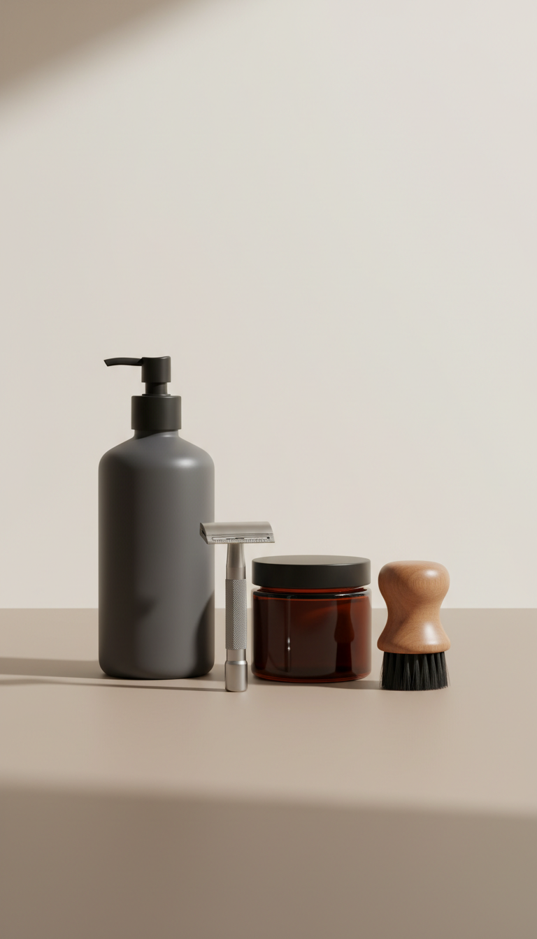 Capture a grooming essentials kit with sleek, masculine packaging, centered on a smooth, neutral surface. The lighting is...