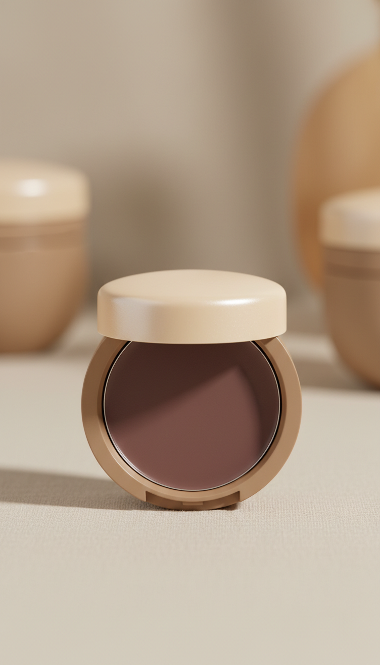 Silk-finish face balm compact, Default product angle: elevated three-quarter view (front/side), camera at bottle height...
