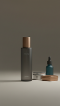 Firm hold hair spray bottle, Three-quarter angle on product tins/bottles atop textured surfaces (aged wood or marble),...