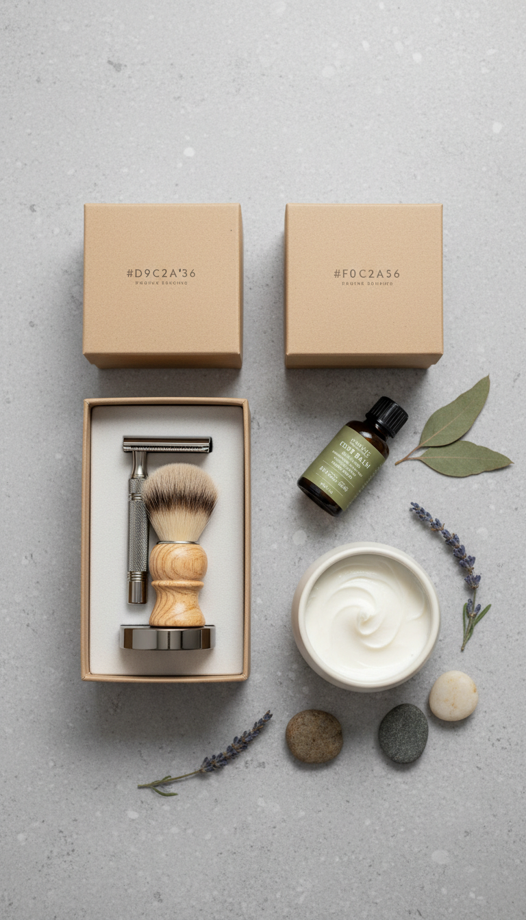 Premium Shaving Set, use a 3/4 angle to highlight the sleek packaging and natural ingredients. The background should be a...
