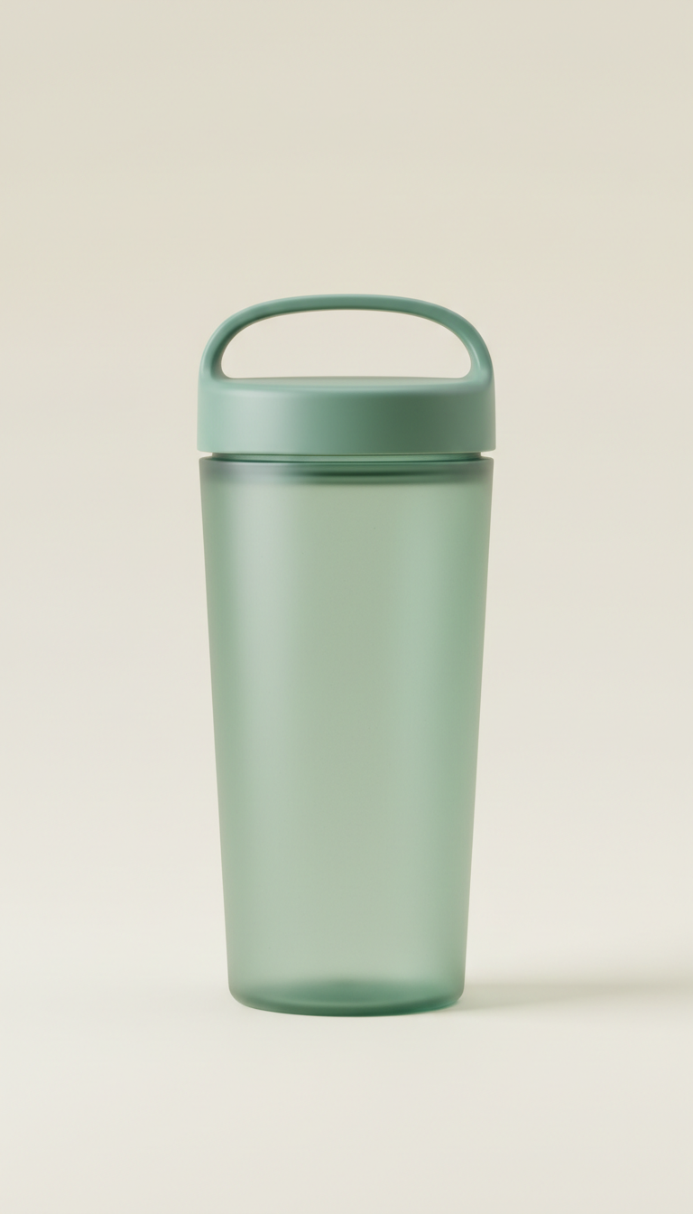 A Fresh Green eco-friendly water cup is perfectly centered against a light-colored, the image is straight-on with soft,...