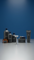 Men's grooming essentials kit, Hero angle is 3/4 front-facing at slight downward tilt (eye-level to product), on clean...