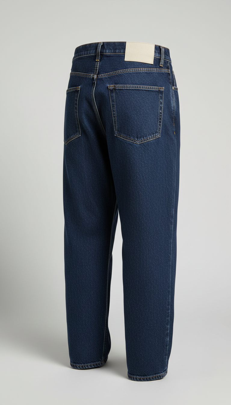 Capture a pair of relaxed fit organic cotton jeans, emphasizing the premium materials and elegant design. The jeans are...