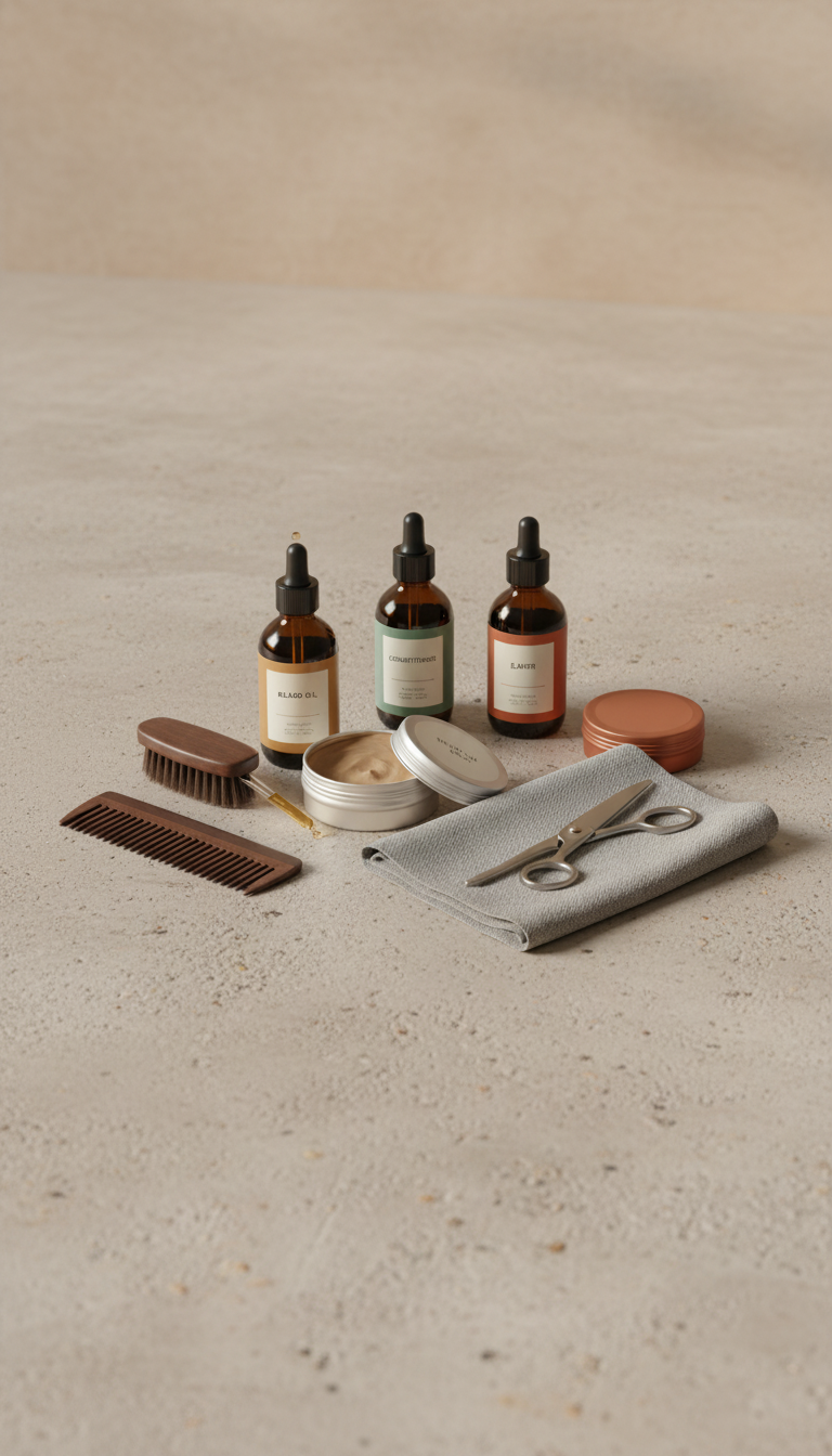 Complete beard kit with oils and balm in a new setting