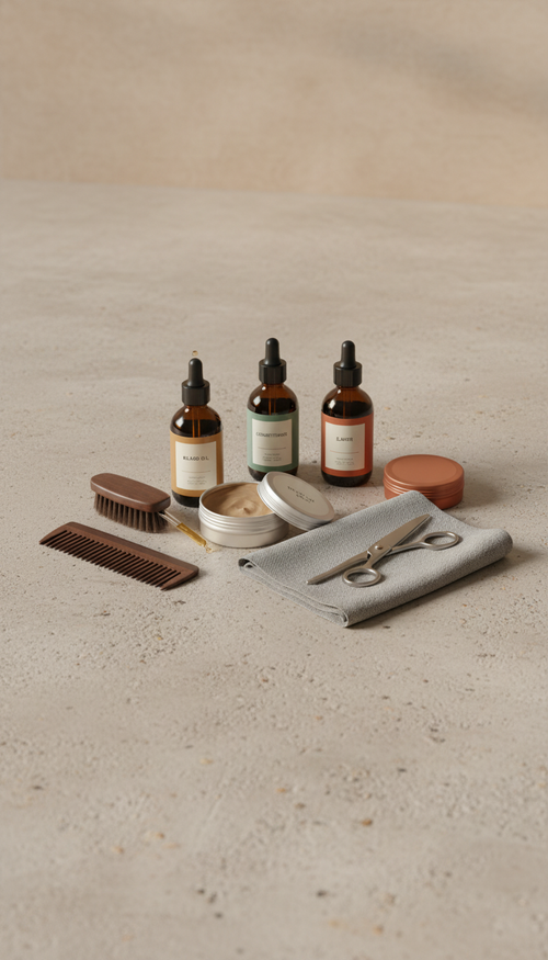Complete beard kit with oils and balm in a new setting