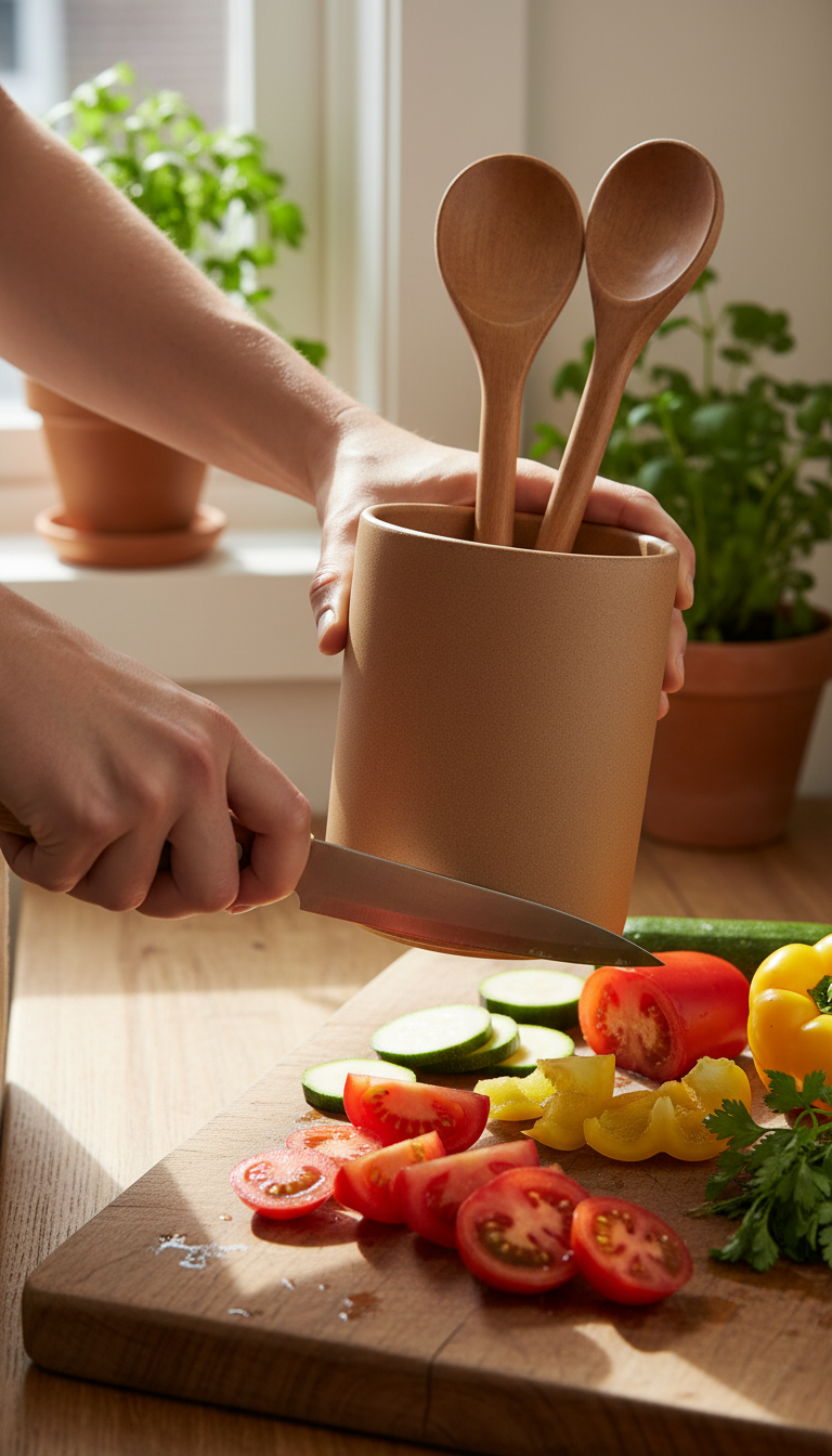 Matte ceramic utensil holder with a slender profile in use