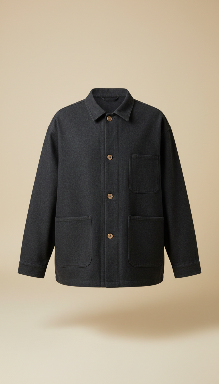 Oversized Sumi Grey chore jacket, Default product shots: single garment on model against seamless neutral Sumi Grey or...