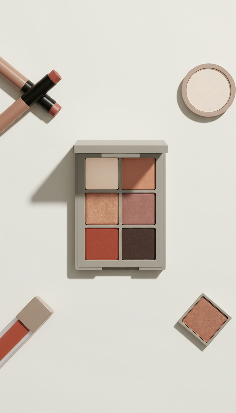 Neutral eyeshadow palette, Three-quarter product angles on compact blocks matching the brand’s neutral palette; products...