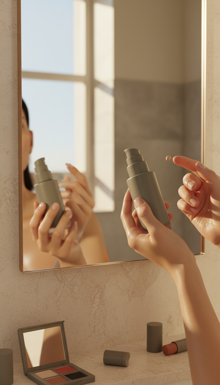 Greige Liquid Foundation Bottle in use