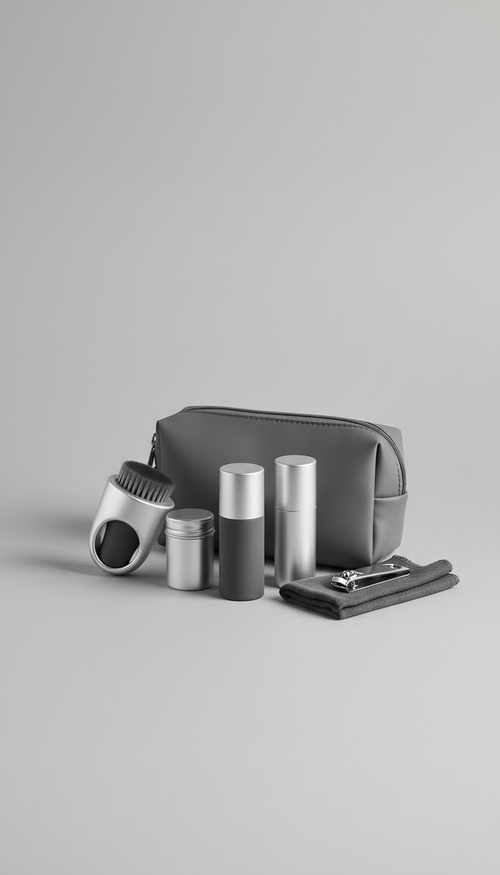 Photograph a travel grooming kit centered on the frame with a soft gray background. Use soft, even illumination to...