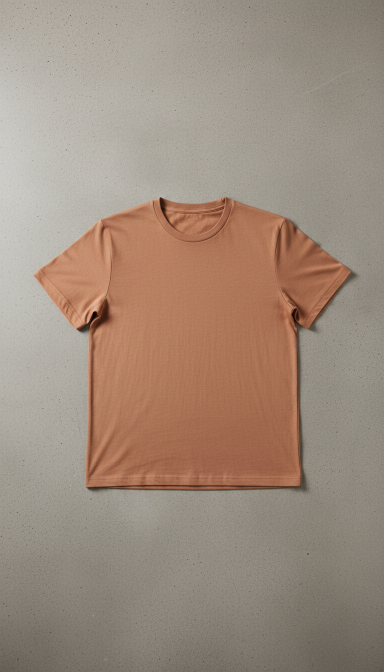 A Terracotta Tan poly-cotton blend shirt, perfectly centered on a neutral Urban Gray background. The shirt is displayed on...