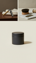 Matte-finish hair pomade, Three-quarter angle hero shots for grooming tools on dark wood or marble surfaces; arrange...
