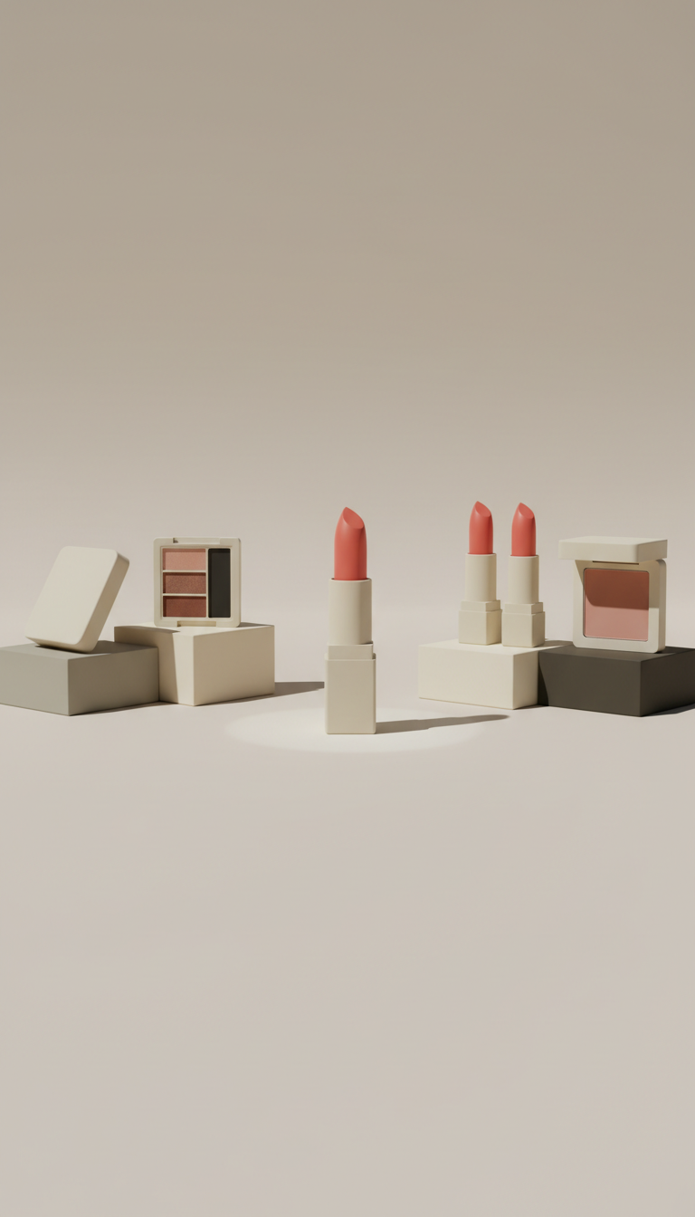 Soft coral lipstick stick, Three-quarter product angles on compact blocks matching the brand’s neutral palette; products...