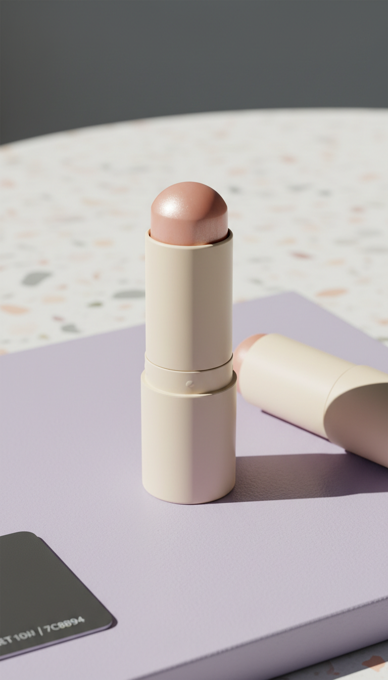 Multi-use skin highlighter stick, Three-quarter product angle on matte pastel surfaces (lilac or peach), shot in diffuse...