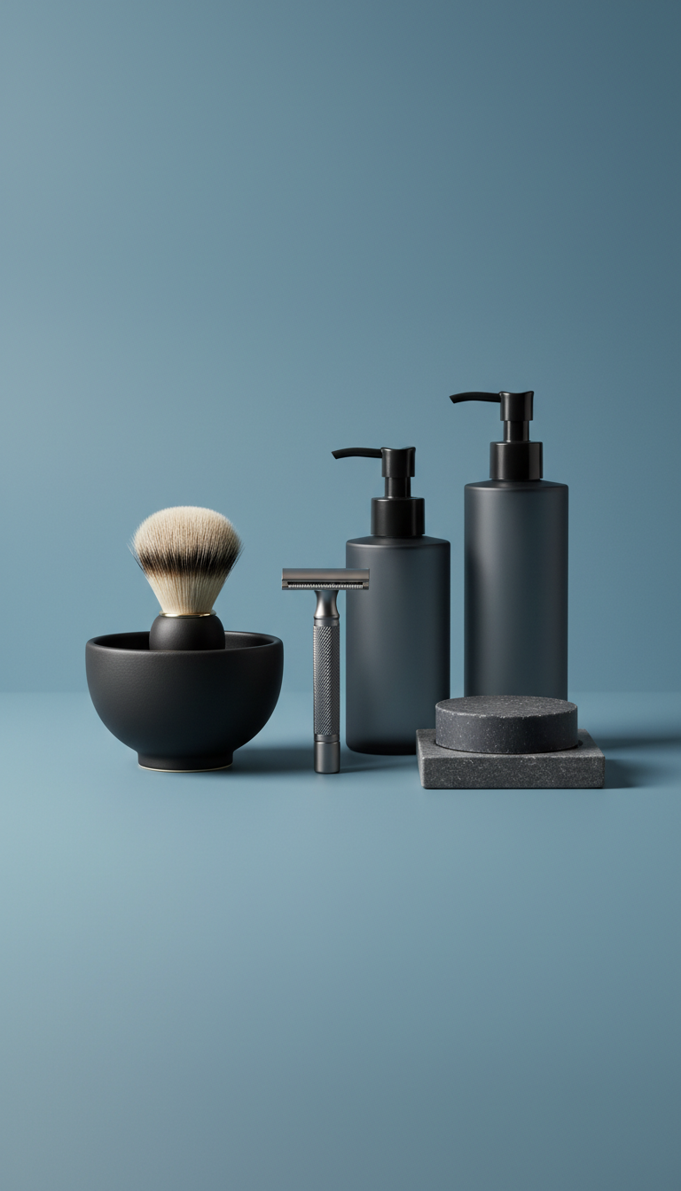 Men's grooming kit, featuring sleek and masculine packaging, centered on a steel blue background. The product is...