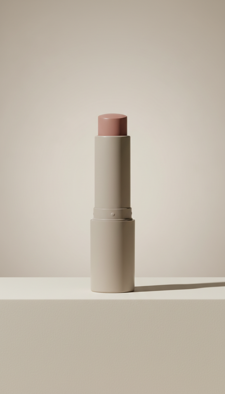Nourishing Tinted Lip Balm, Default camera angle: 3/4 product portrait to reveal both form and surface detail, positioned...