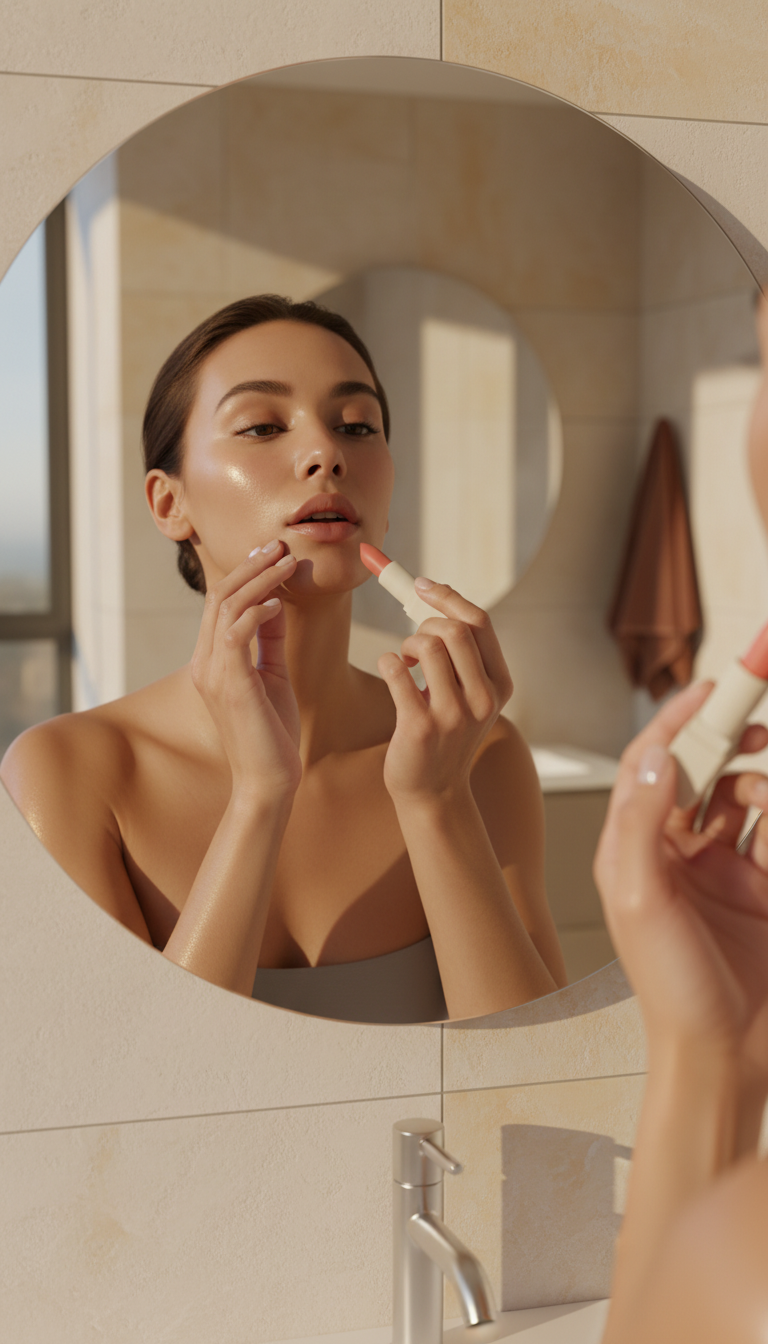 Soft Coral Lipstick Stick in use