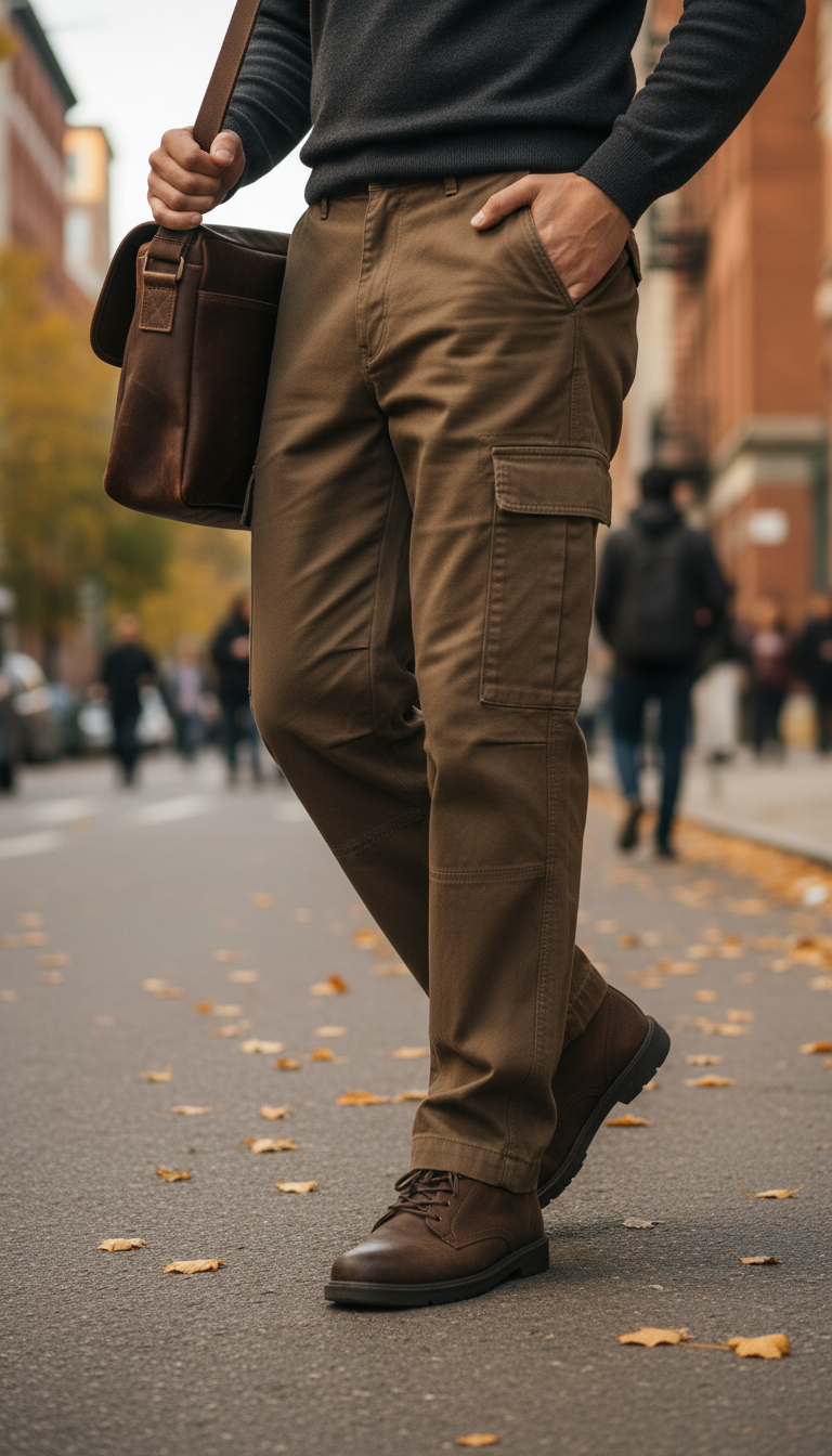Relaxed fit cargo pants in use