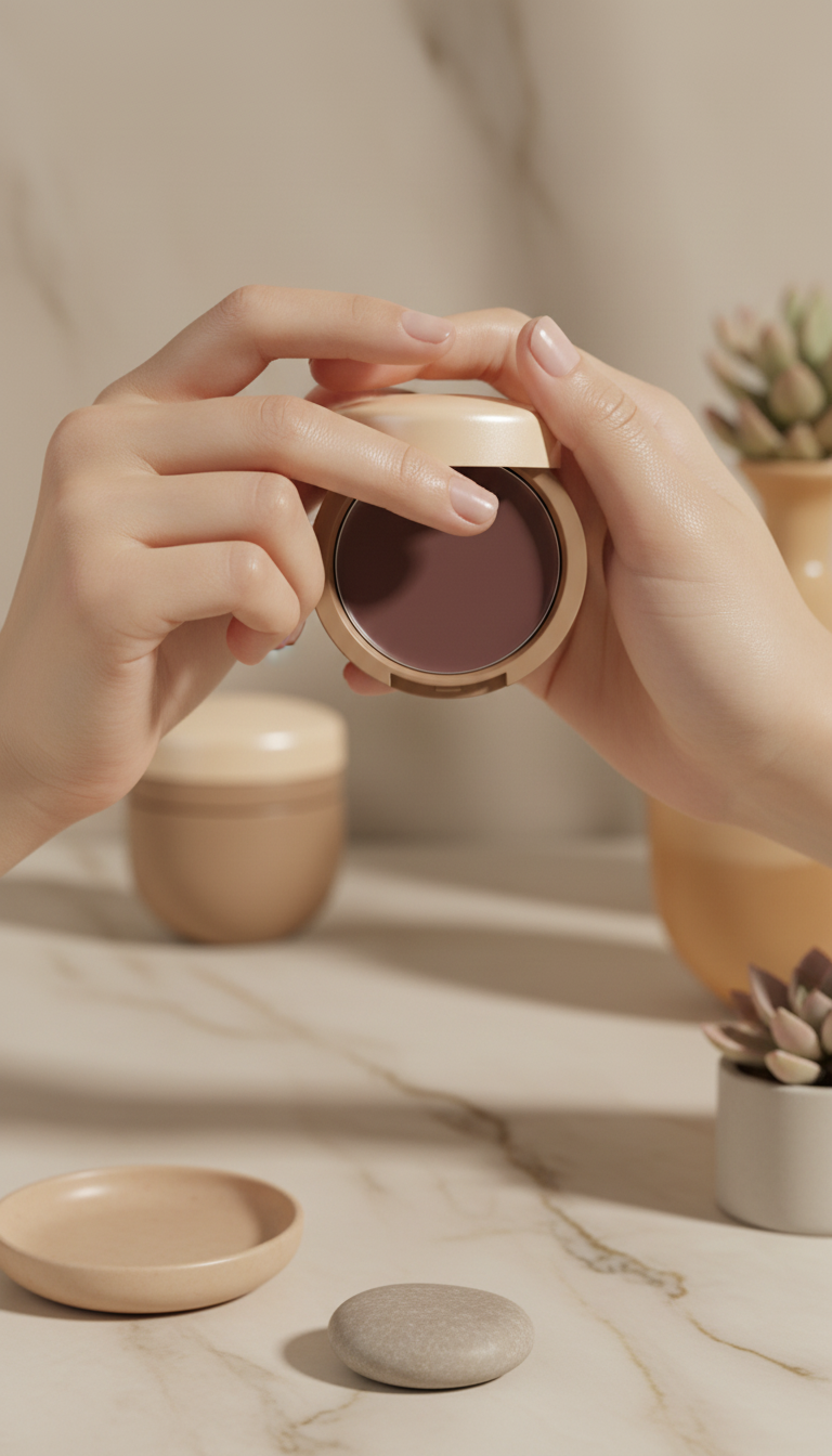 Face balm in silk-finish compact in use