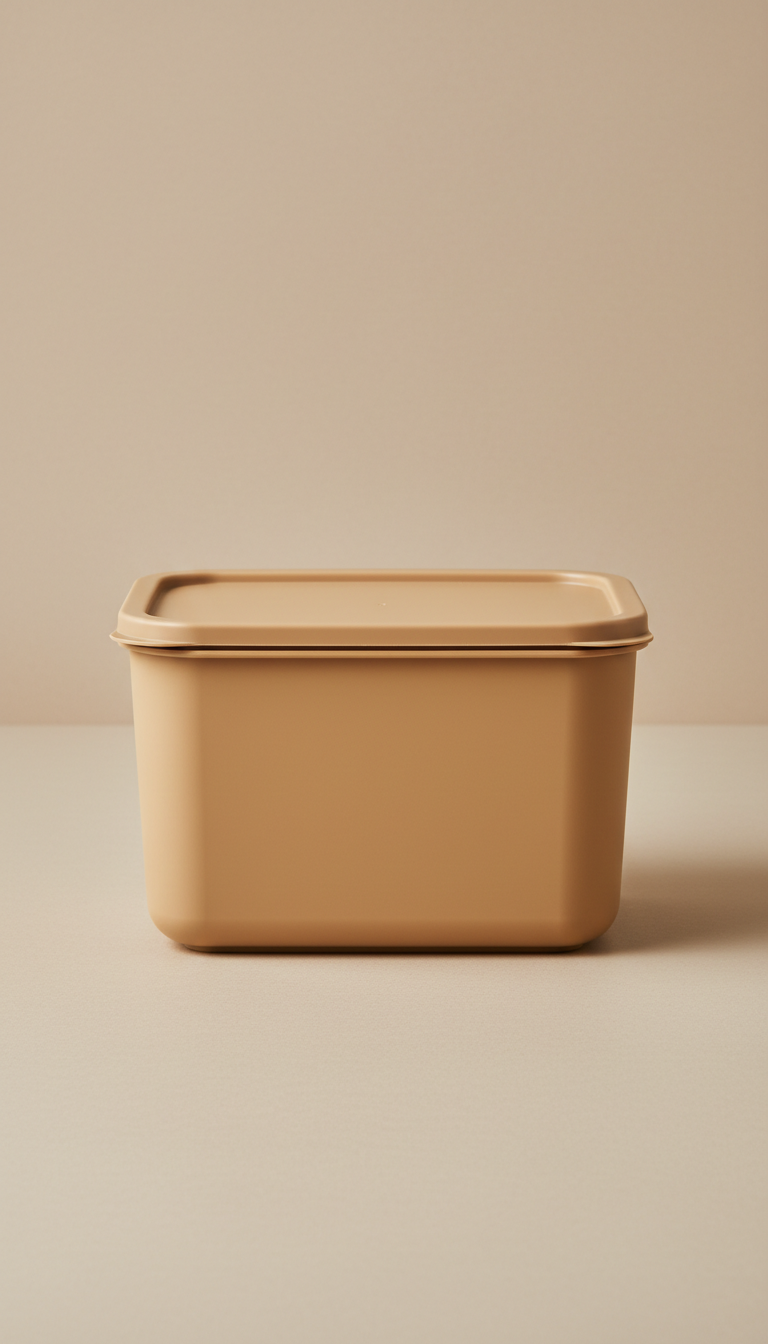 A tan plastic food storage container centered against a neutral beige background. The product is evenly lit with soft,...