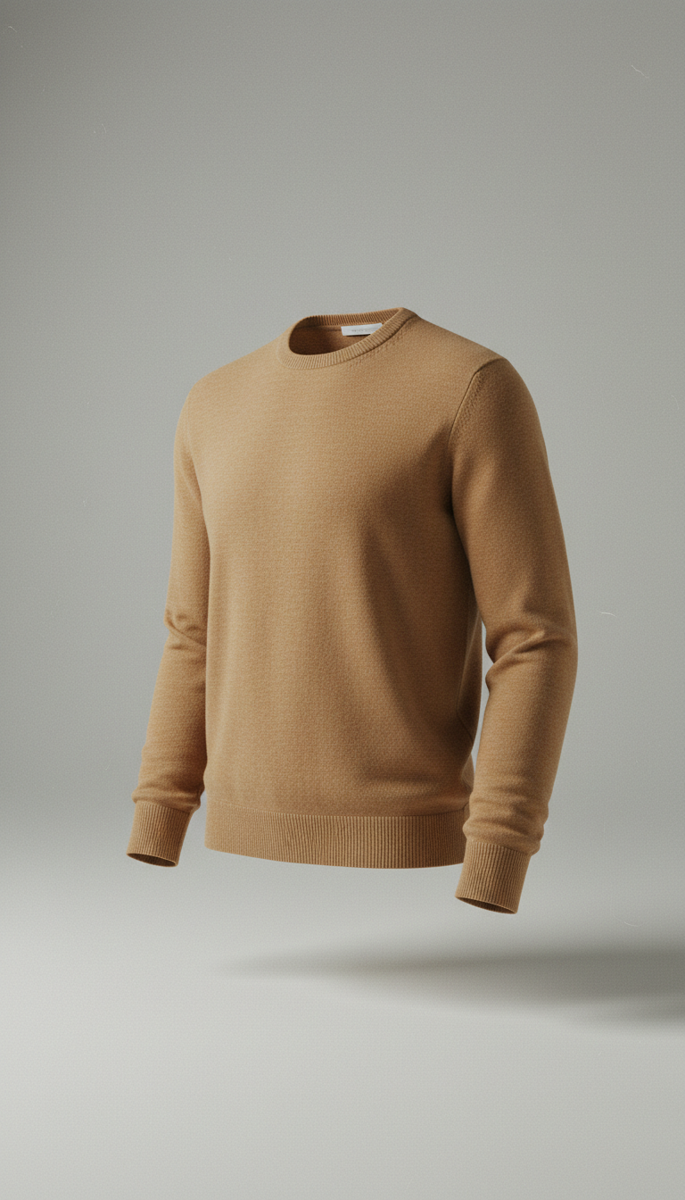 Merino wool sweater in Camel Beige, captured with a 50mm lens at a 3/4 angle on a soft, neutral light gray background. The...