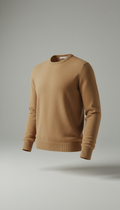 Merino wool sweater in Camel Beige, captured with a 50mm lens at a 3/4 angle on a soft, neutral light gray background. The...