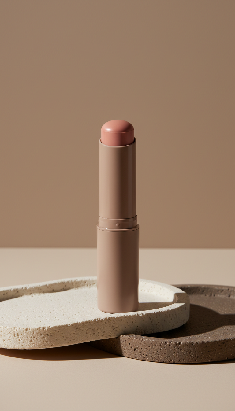 Sculpting silk blush stick, 3/4 product angle emphasizing lacquered packaging and surface details; arranged on textured...