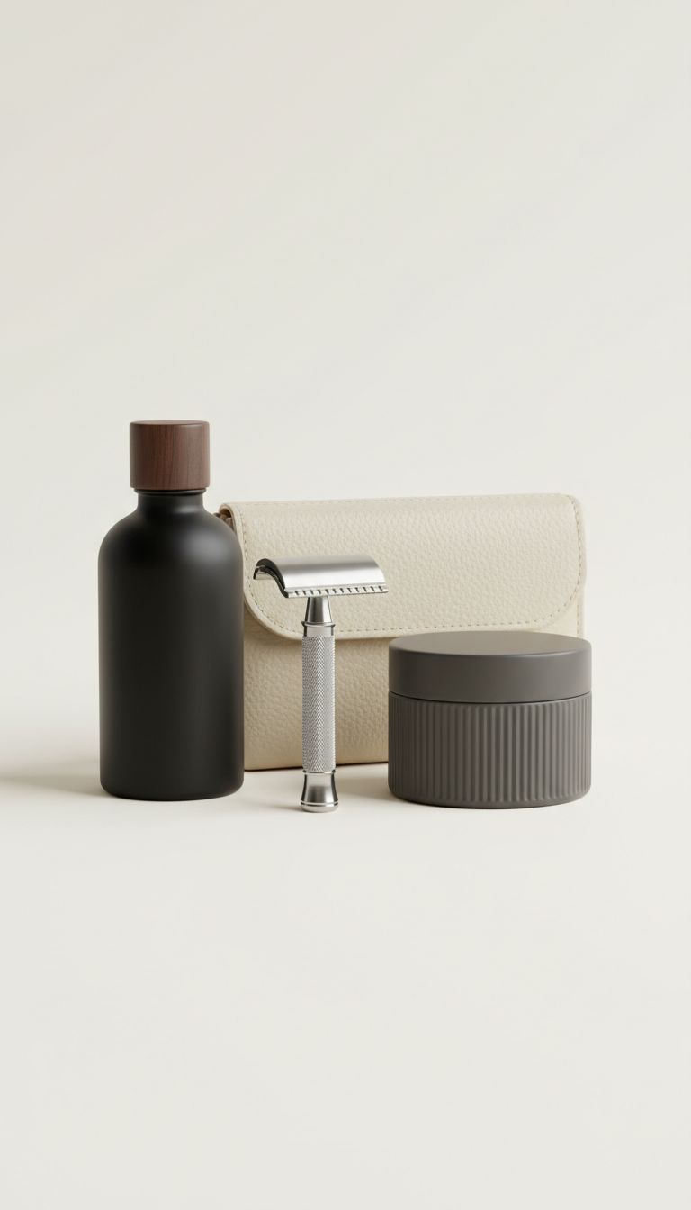 Premium grooming kit, Use a 3/4 angle to capture the depth and detail of each product, showcasing its packaging and...