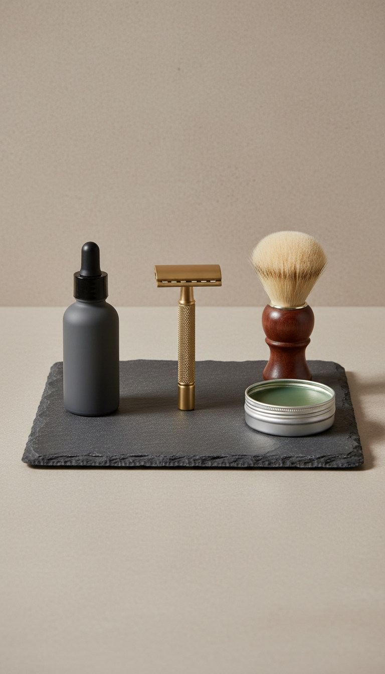 Essential Grooming Kit, Single-product shots at a 3/4 angle against a neutral stone or tobacco-toned matte backdrop....