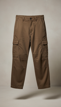Relaxed fit cargo trousers, Default product shots use a three-quarter angle on tabletop surfaces—garments folded or softly...
