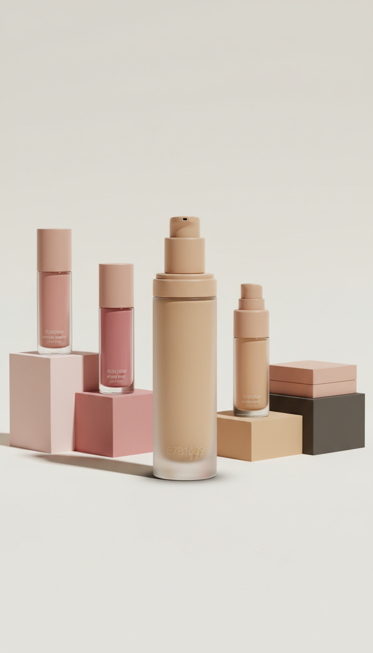 Satin Finish Foundation, Products shot at three-quarter angle on color-blocked plinths matching palette; background is...