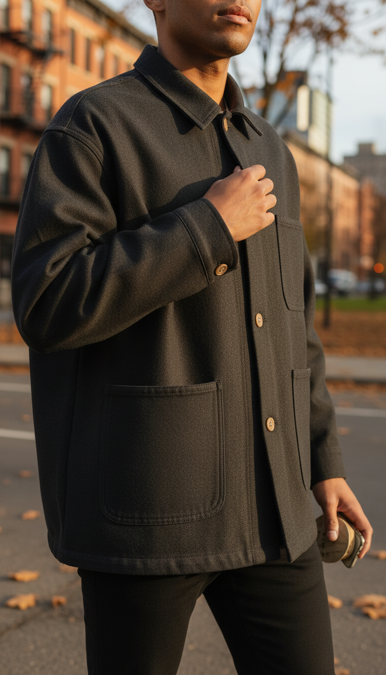 Oversized Sumi Grey chore jacket in use