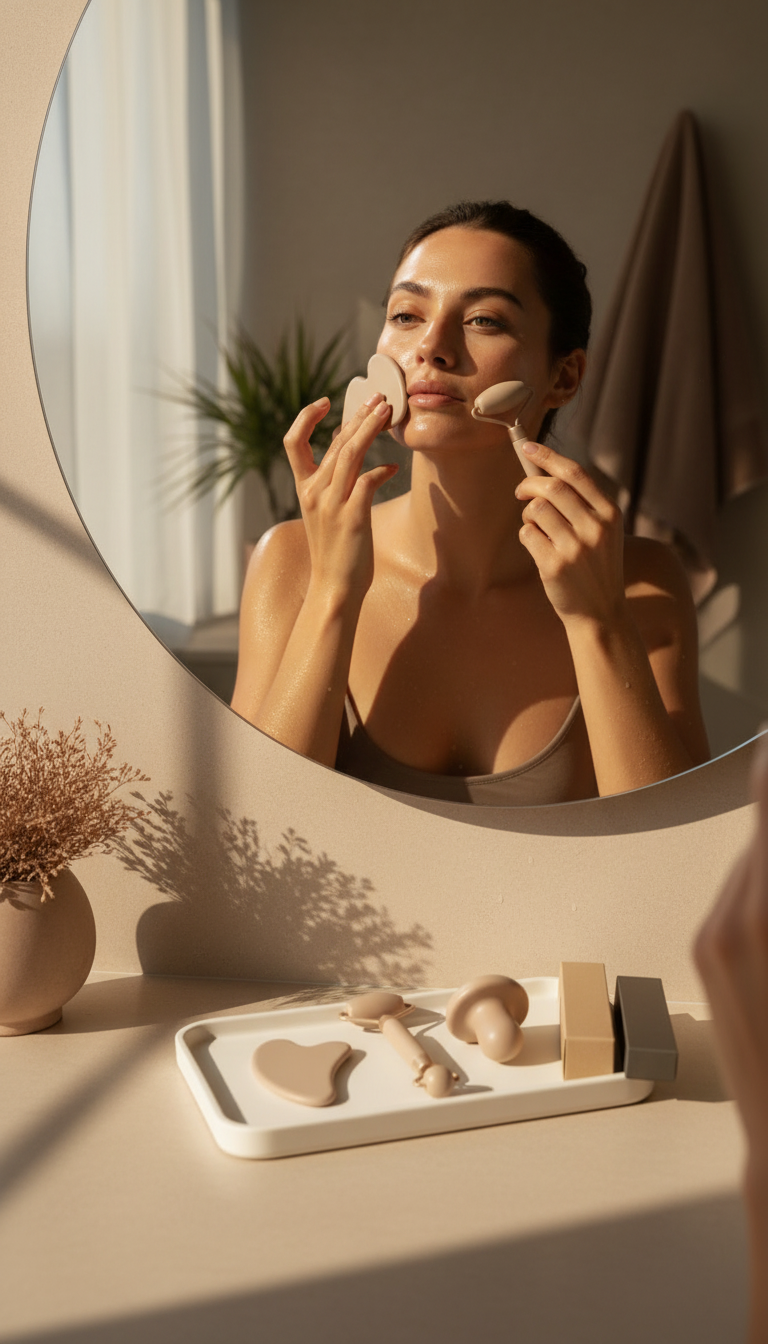 Expert facial tool set with matte ceramic tray in use
