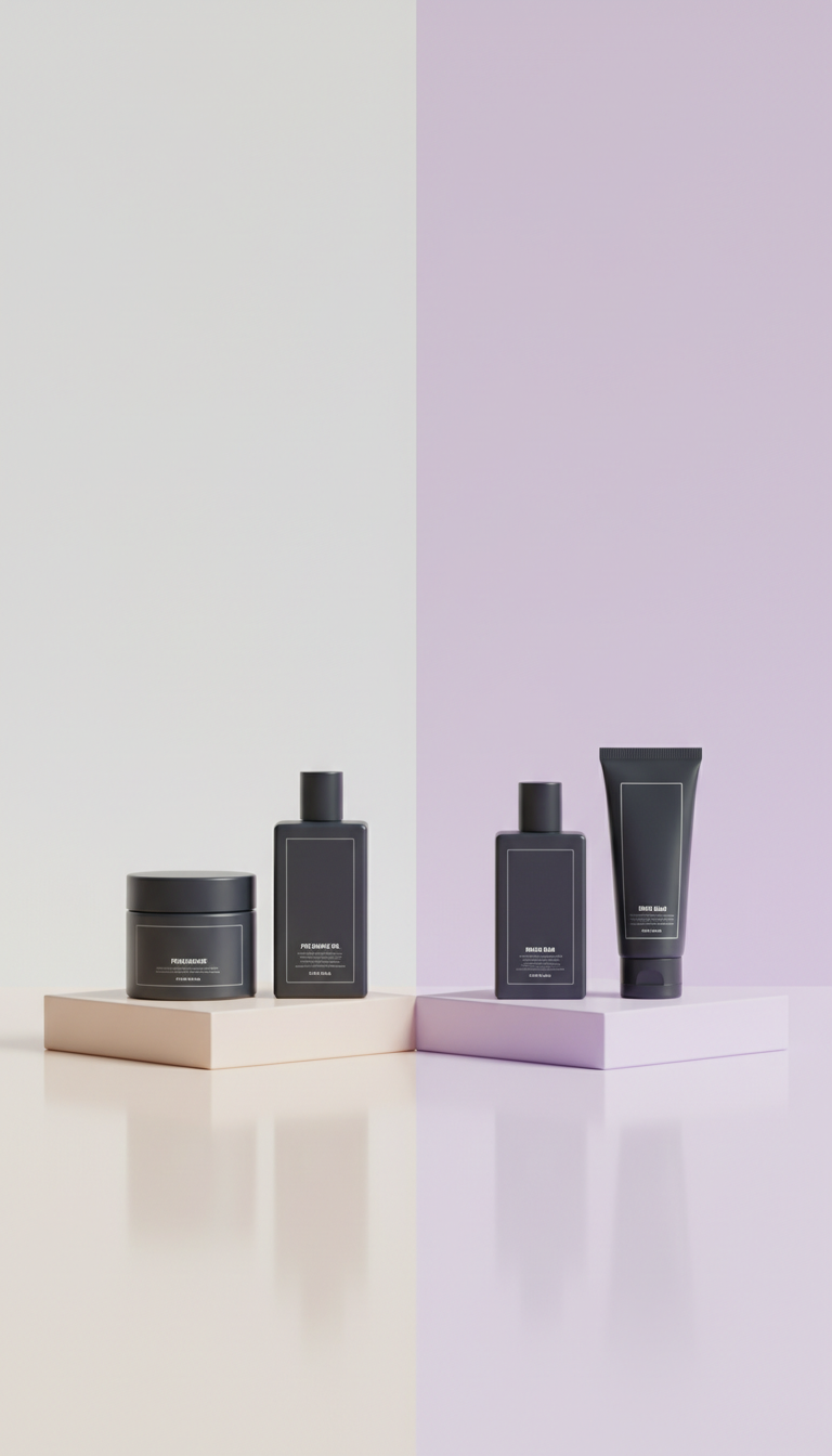 Deep charcoal barber grooming essentials pack, Three-quarter angle hero shots on mirrored or lacquered risers with...