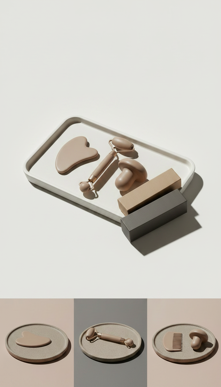 Alternate angle view of Expert facial tool set with matte ceramic tray