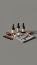 Complete beard grooming kit with oils and balm, 3/4 angle product shots on a simple matte dark surface (charcoal or deep...