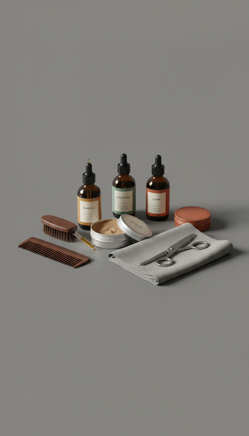 Complete beard grooming kit with oils and balm, 3/4 angle product shots on a simple matte dark surface (charcoal or deep...
